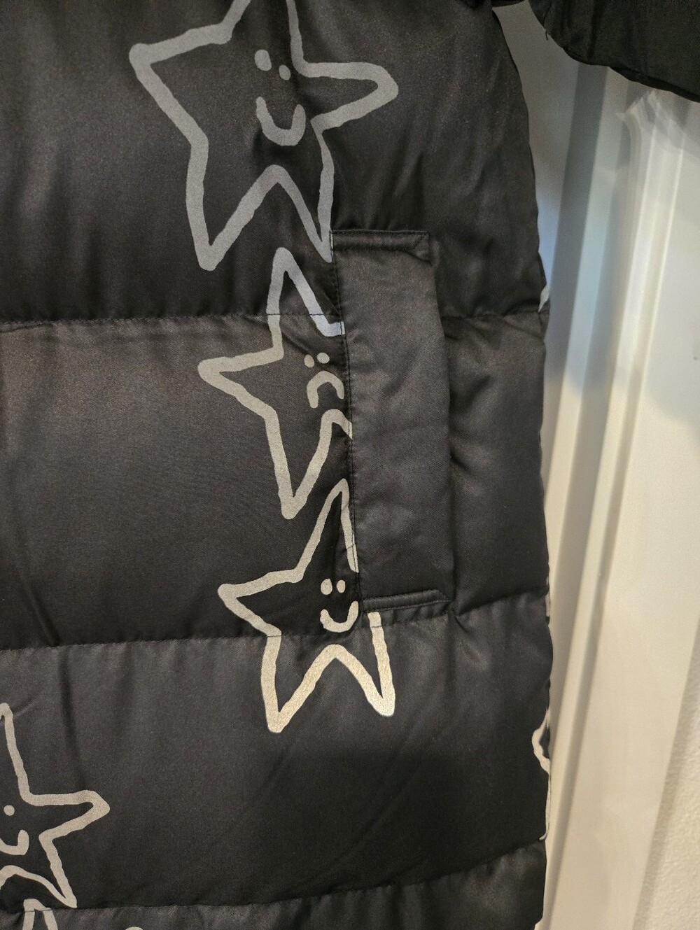 NWT! Lazy Oaf Happy Sad Reflective Print Longline Puffer Coat. Size S - Picture 12 of 16
